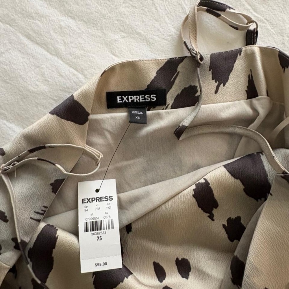 NWT Express Satin Cowl Neck Abstract Leopard Print Midi Dress XS - Picture 5 of 7